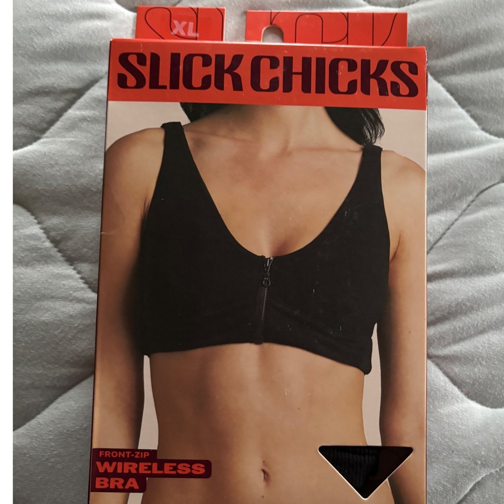 Slick Chicks‎ XL Wireless Front Zip Bra Black Adjustable Hook Loop Straps